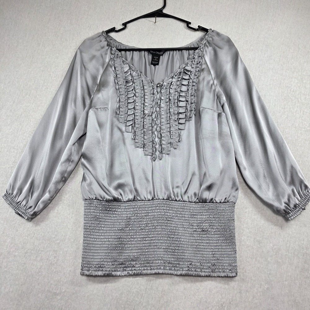 White House Black Market Silver Satin Ruffle Smocked-Hem Blouse